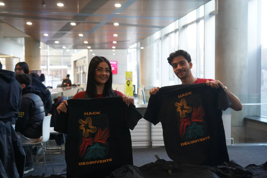 HackDécouverte team members presenting official event t-shirts